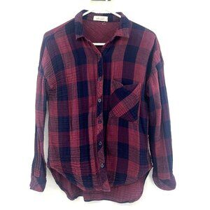 Bella Dahl Navy Burgundy Print Button Front Shirt Women's Small Made in USA
